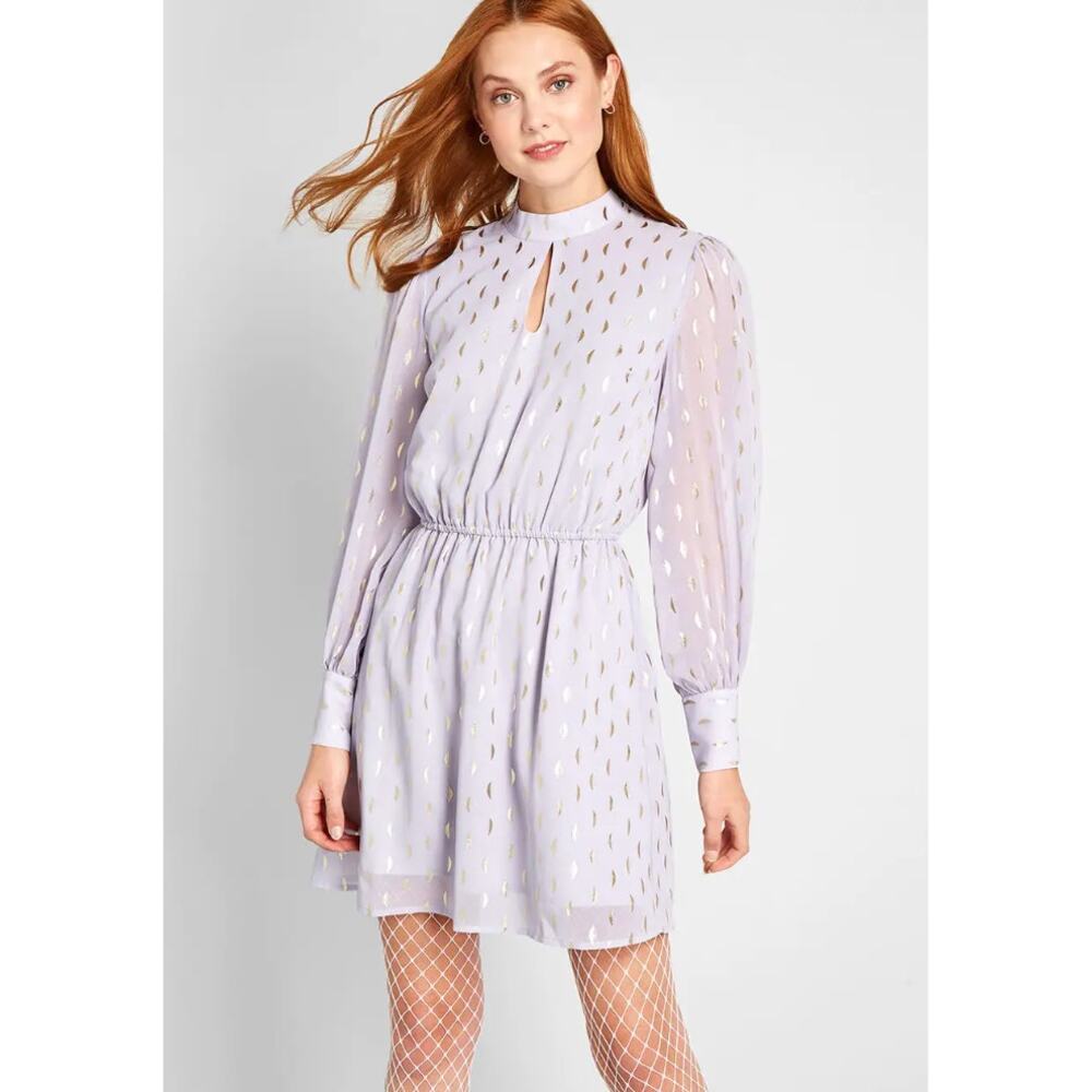ModCloth Dress Small Gold Foil Long Sleeve Keyhole Neck Elastic Waist NWT